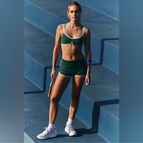 FREE PEOPLE & FP Movement Duet Mini Bra And Short Set Green & White XL NWOT!